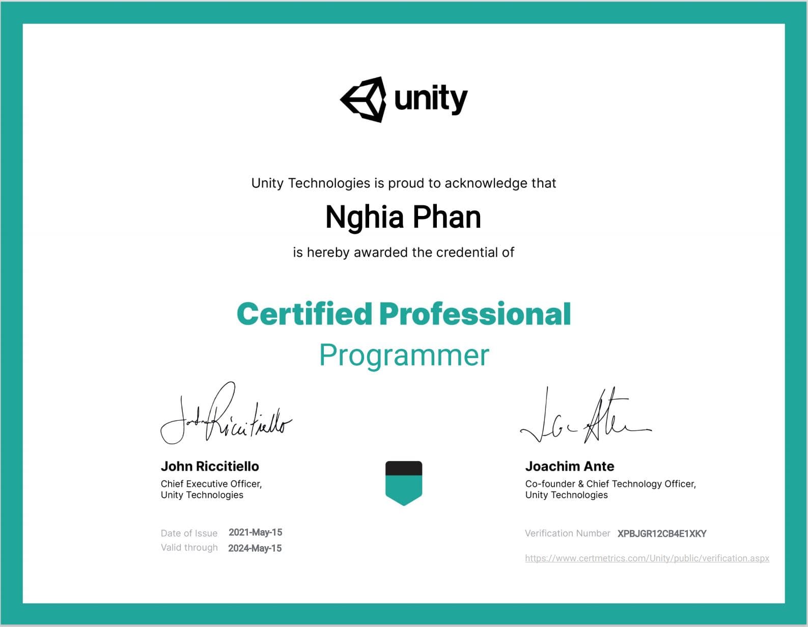 【お知らせ】Unity Certified Professional Programmerの資格を取得