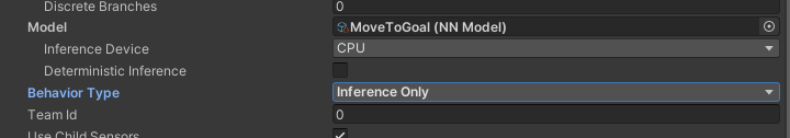 a Behavior Type là Inference Only để dùng model MoveToGoal.onnx