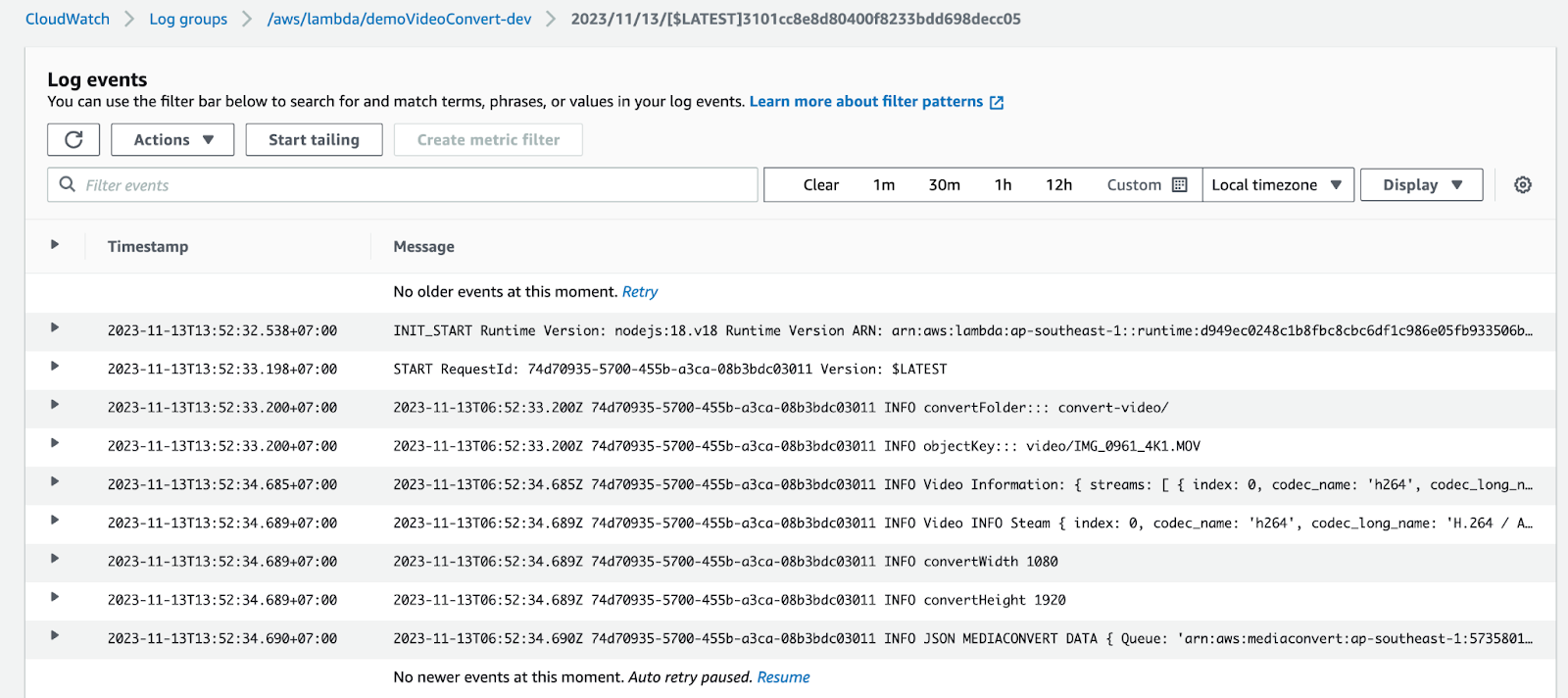 Check cloudwatch log