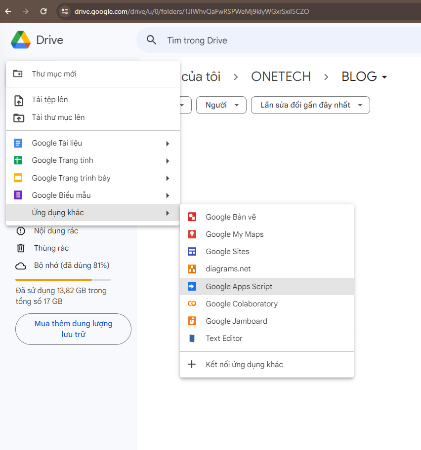Tạo Google Apps Script trong Google Drive