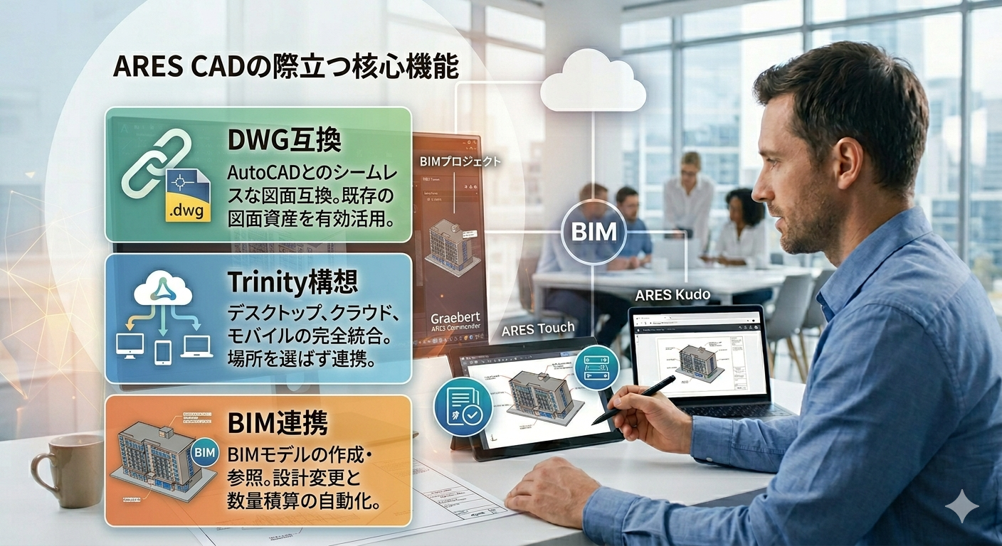 DWG互換・Trinity構想・BIM連携の3つが、ARES CADを際立たせる核心機能です。