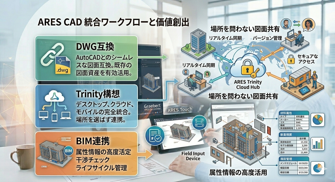 Trinity構想とBIM連携により、場所を問わない図面共有と属性情報の活用が実現します。