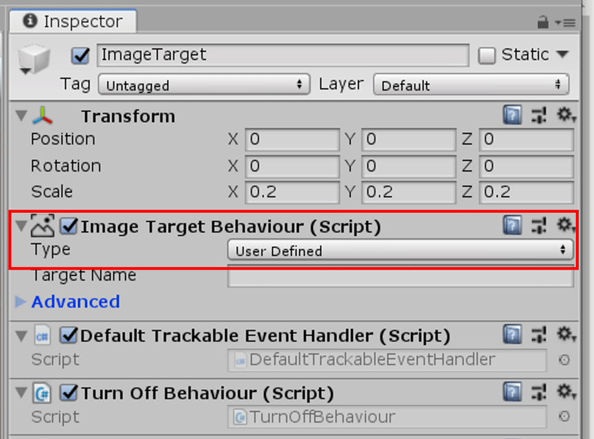 Image Target Behaviour (Script)のTypeを「User Defined」から「Predefined」に変更する。